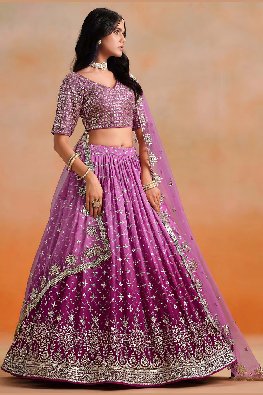 Pink Georgette Lehenga Choli For Indian & Pakistani Wedding Festival - Sequins & Thread Embroidery Work, Zari Work