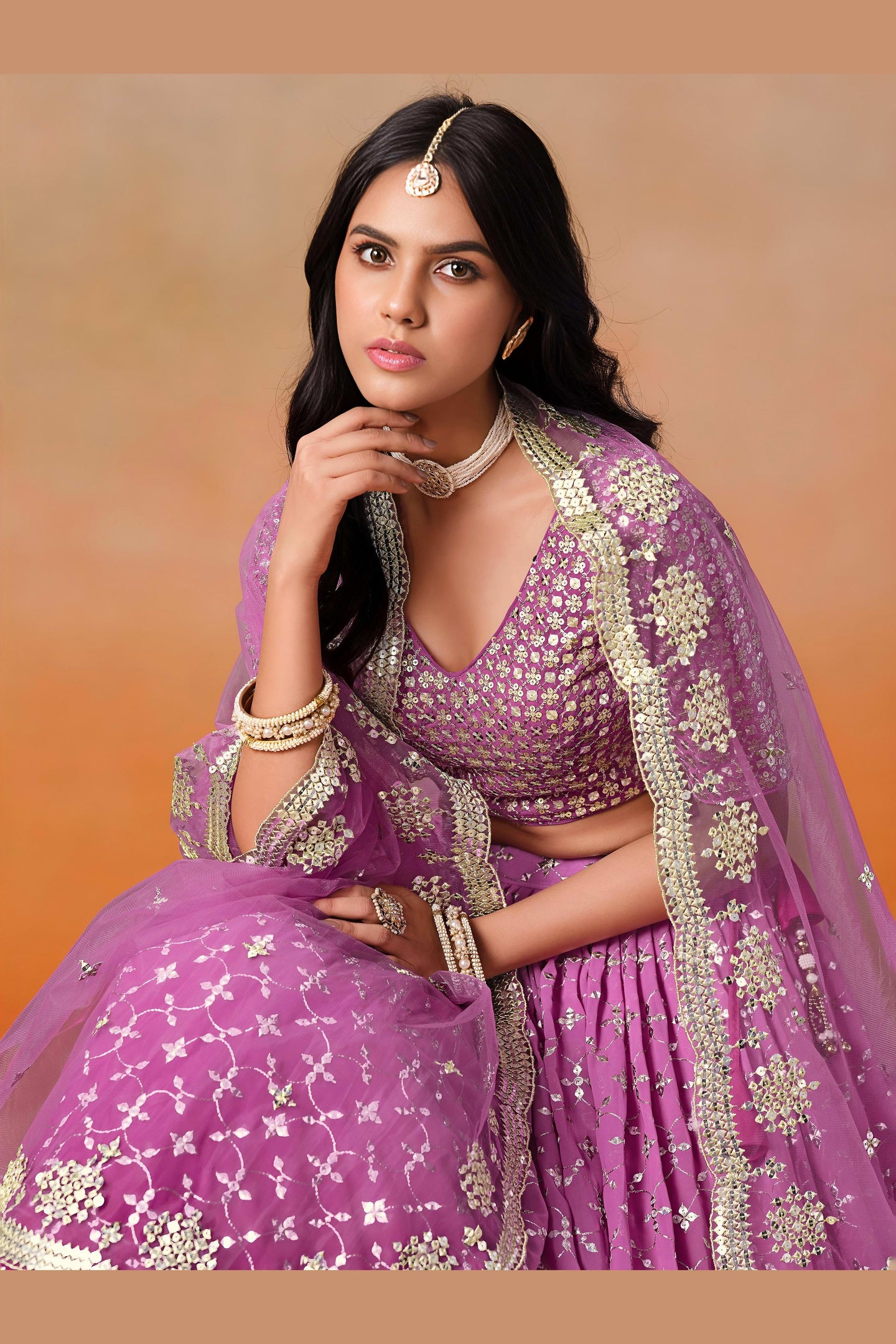 Pink Georgette Lehenga Choli For Indian & Pakistani Wedding Festival - Sequins & Thread Embroidery Work, Zari Work
