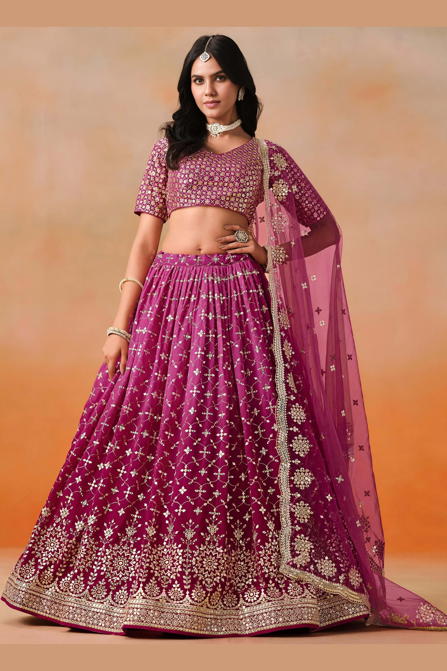 Magenta Georgette Lehenga Choli For Indian & Pakistani Wedding Festival - Sequins & Thread Embroidery Work, Zari Work