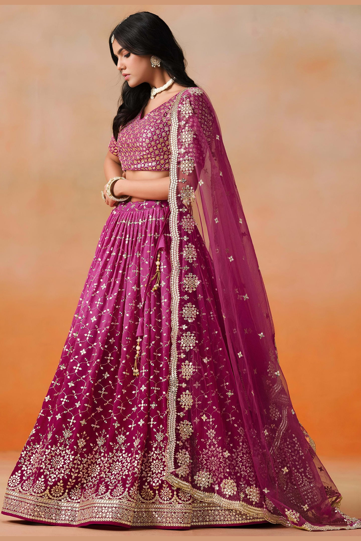 Magenta Georgette Lehenga Choli For Indian & Pakistani Wedding Festival - Sequins & Thread Embroidery Work, Zari Work