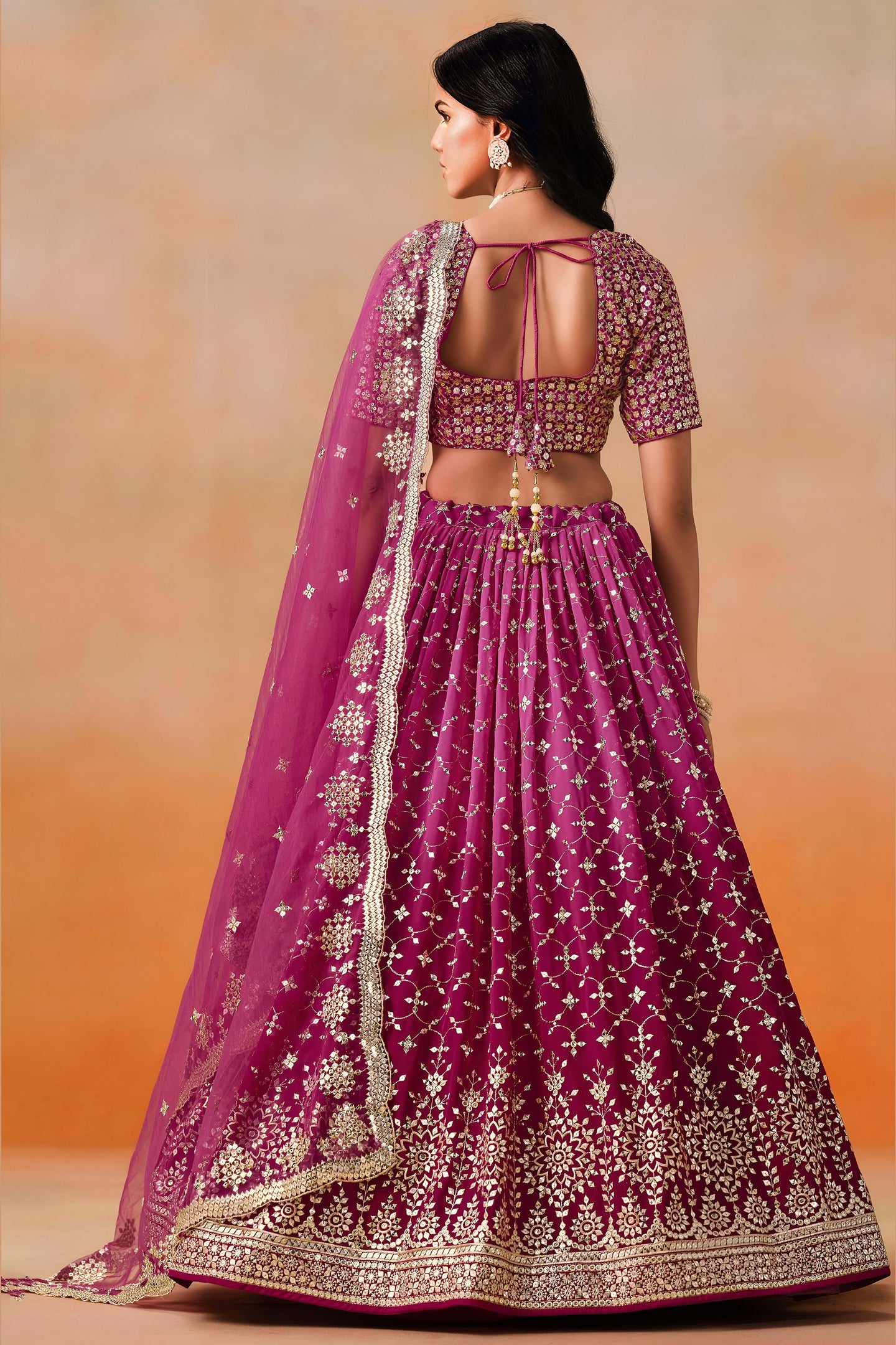 Magenta Georgette Lehenga Choli For Indian & Pakistani Wedding Festival - Sequins & Thread Embroidery Work, Zari Work