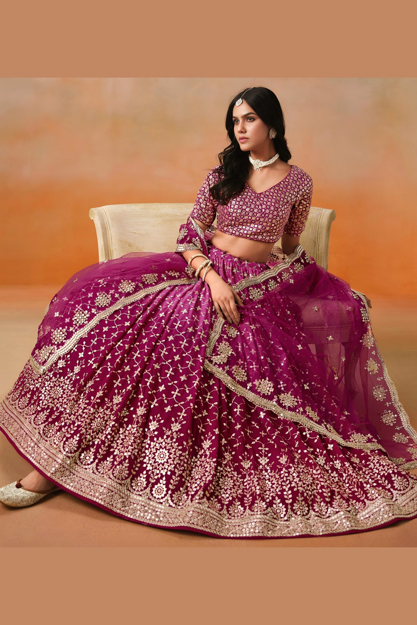 Magenta Georgette Lehenga Choli For Indian & Pakistani Wedding Festival - Sequins & Thread Embroidery Work, Zari Work