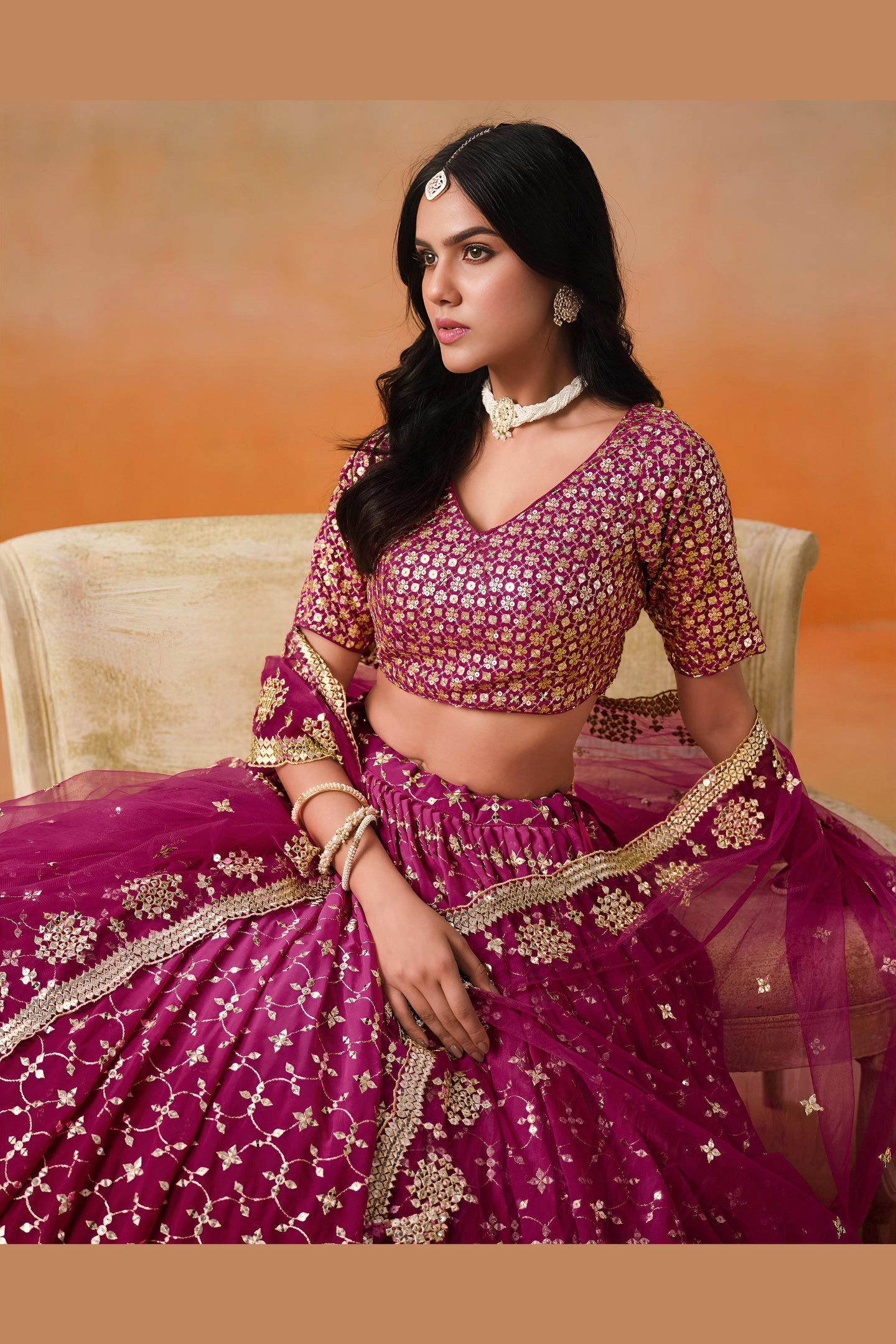 Magenta Georgette Lehenga Choli For Indian & Pakistani Wedding Festival - Sequins & Thread Embroidery Work, Zari Work