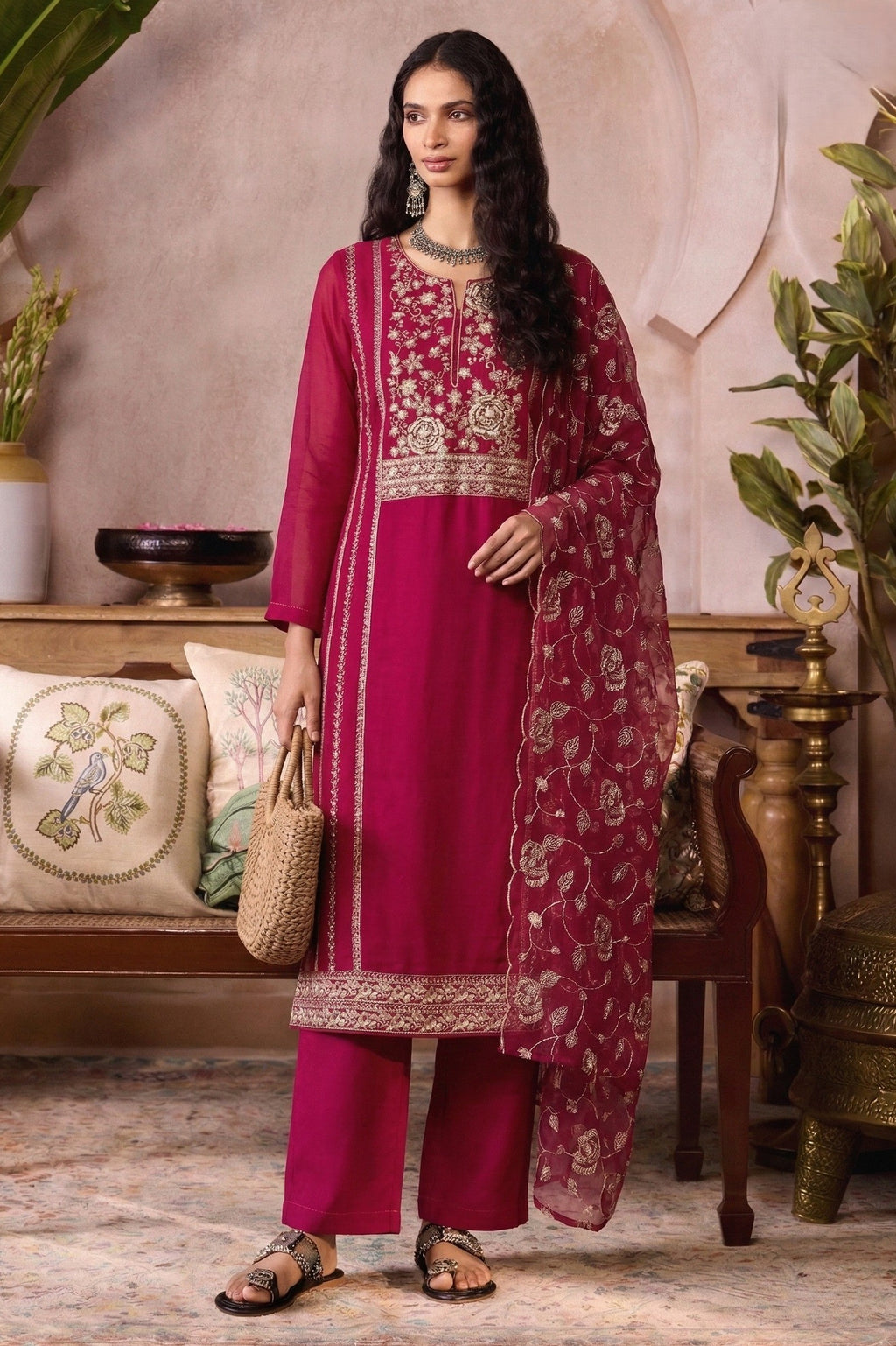 Sangeet Dress for Women - Hot Pink Organza Kameez Pant with Embroidery Work