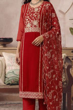 Sangeet Outfits for Guests - Red Organza Embroidered Kameez with Pant