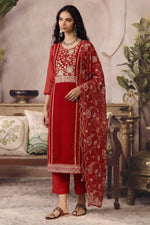 Sangeet Outfits for Guests - Red Organza Embroidered Kameez with Pant