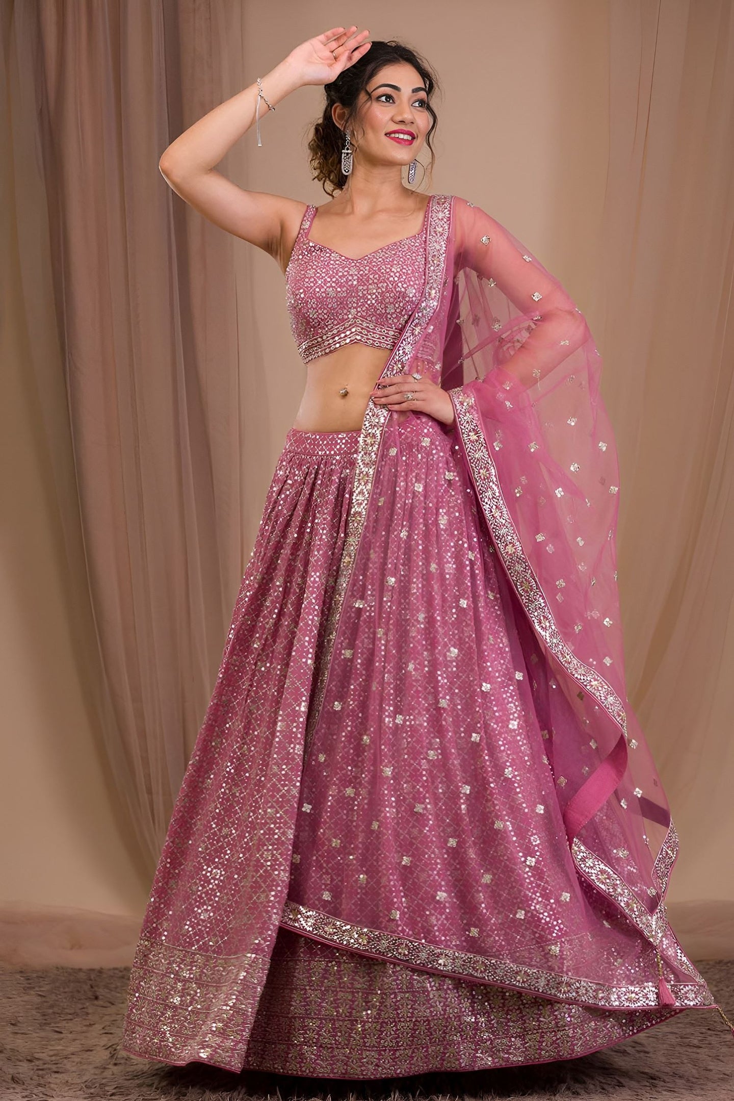 Dark Pink Georgette Sangeet Lehenga Choli with Zari and Sequins Work