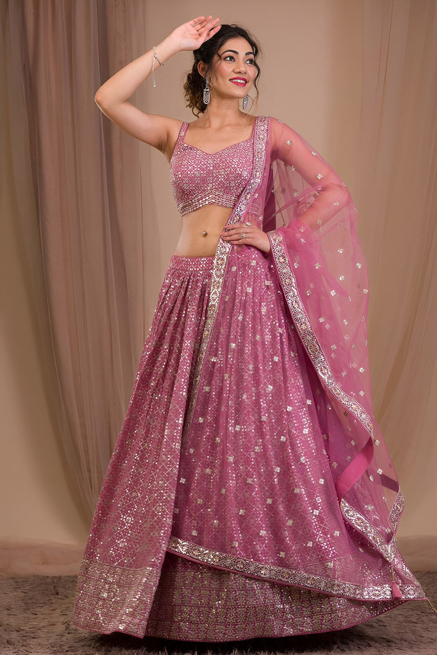 Dark Pink Georgette Sangeet Lehenga Choli with Zari and Sequins Work
