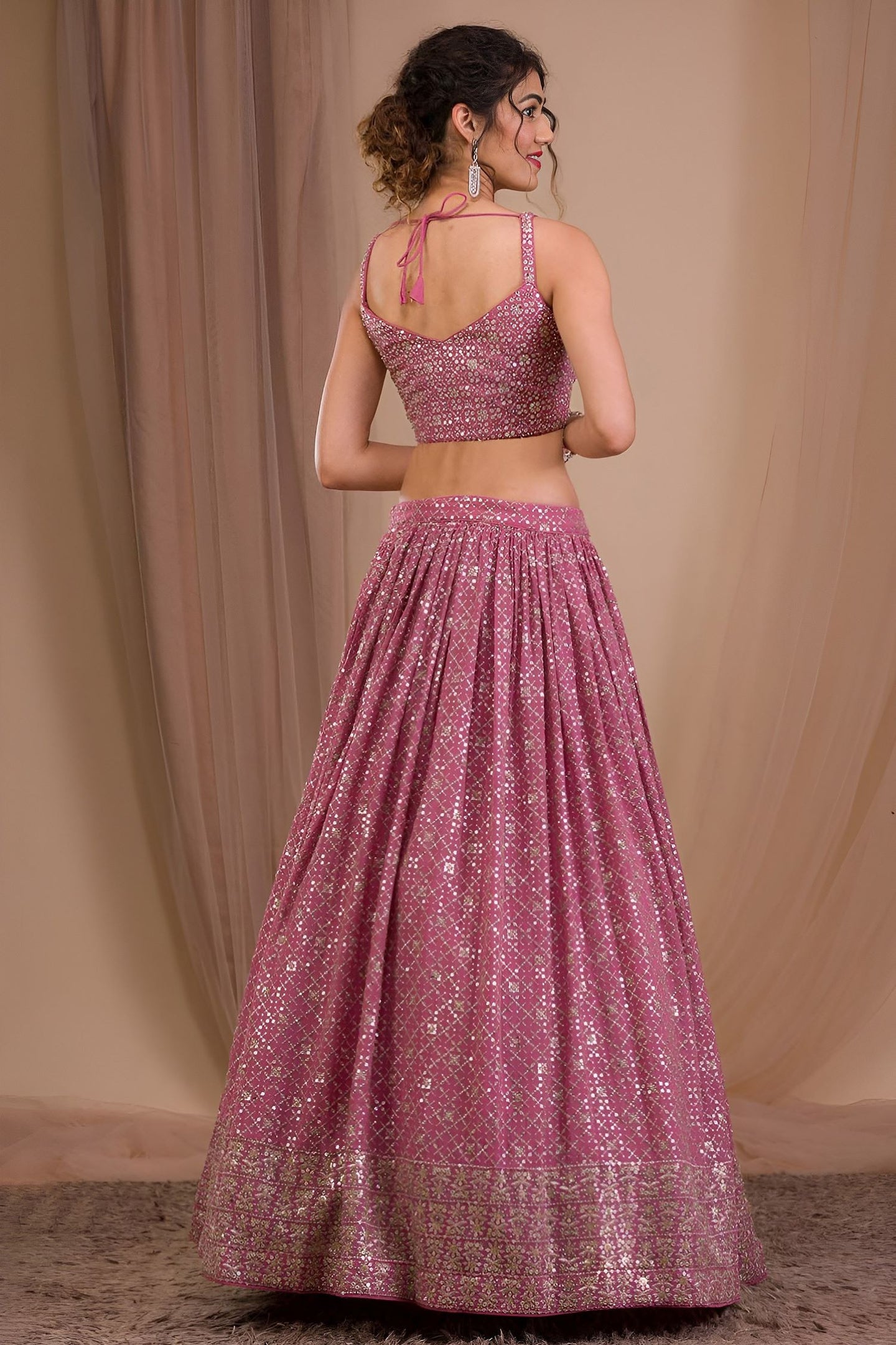 Dark Pink Georgette Sangeet Lehenga Choli with Zari and Sequins Work