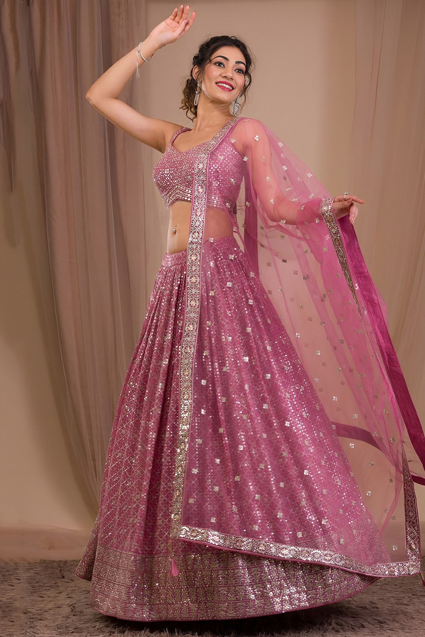 Dark Pink Georgette Sangeet Lehenga Choli with Zari and Sequins Work