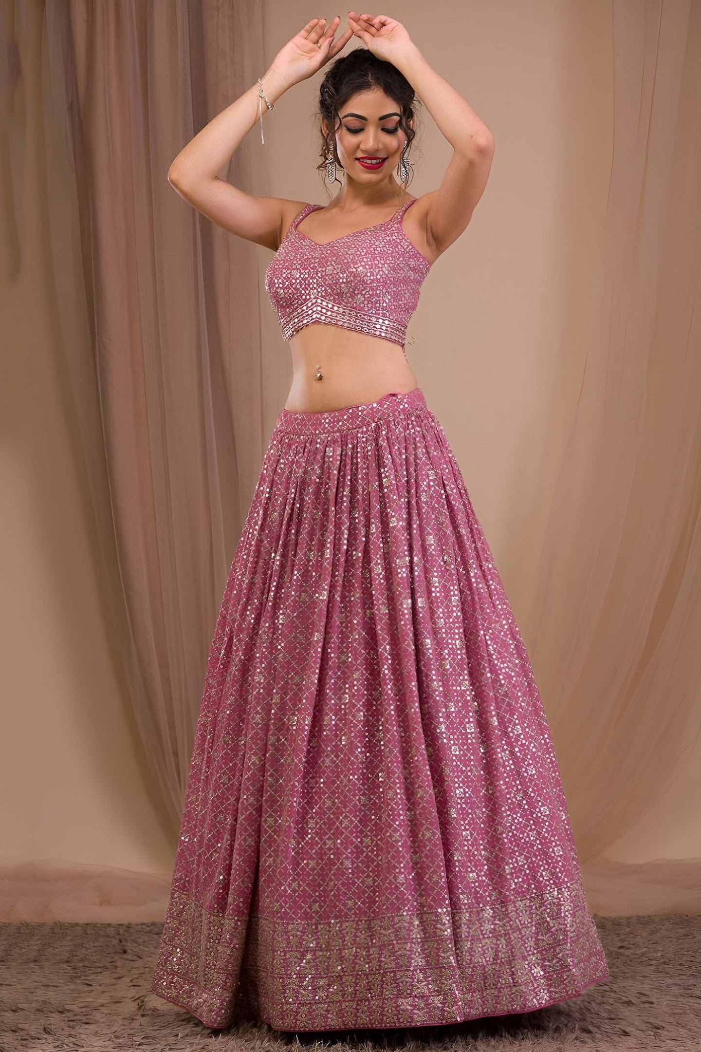 Dark Pink Georgette Sangeet Lehenga Choli with Zari and Sequins Work