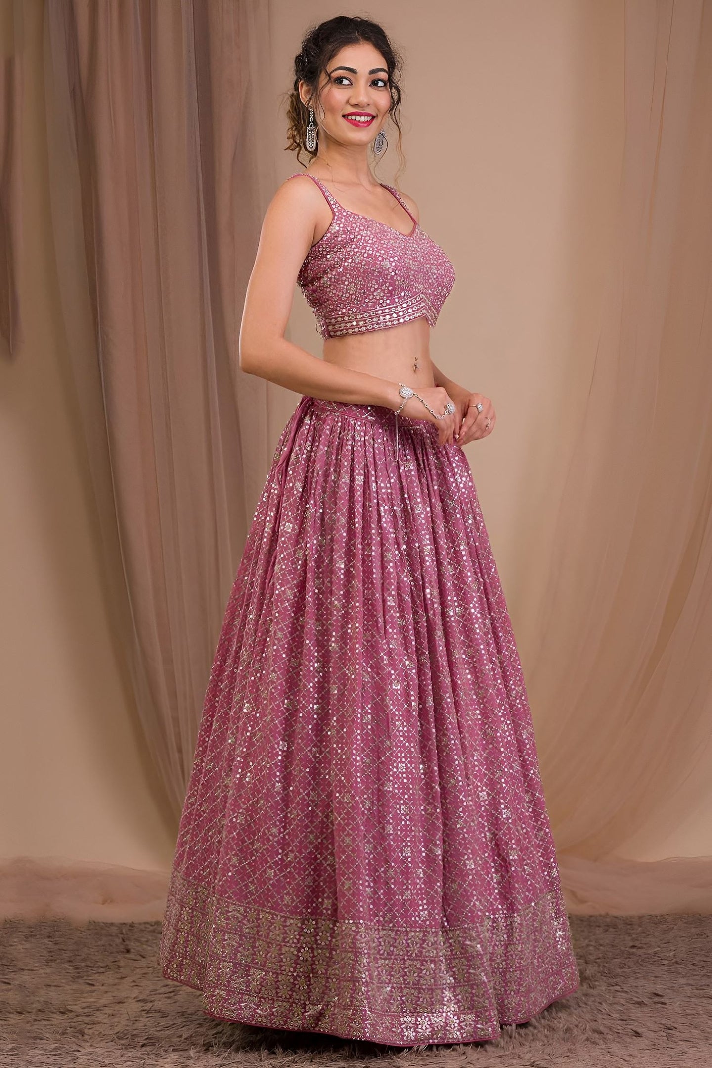 Dark Pink Georgette Sangeet Lehenga Choli with Zari and Sequins Work