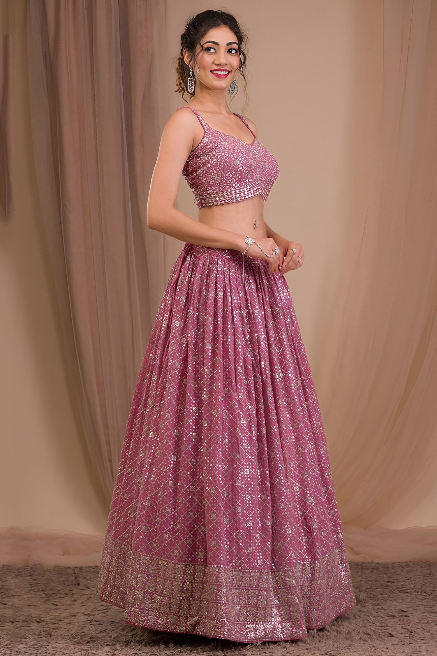 Dark Pink Georgette Sangeet Lehenga Choli with Zari and Sequins Work
