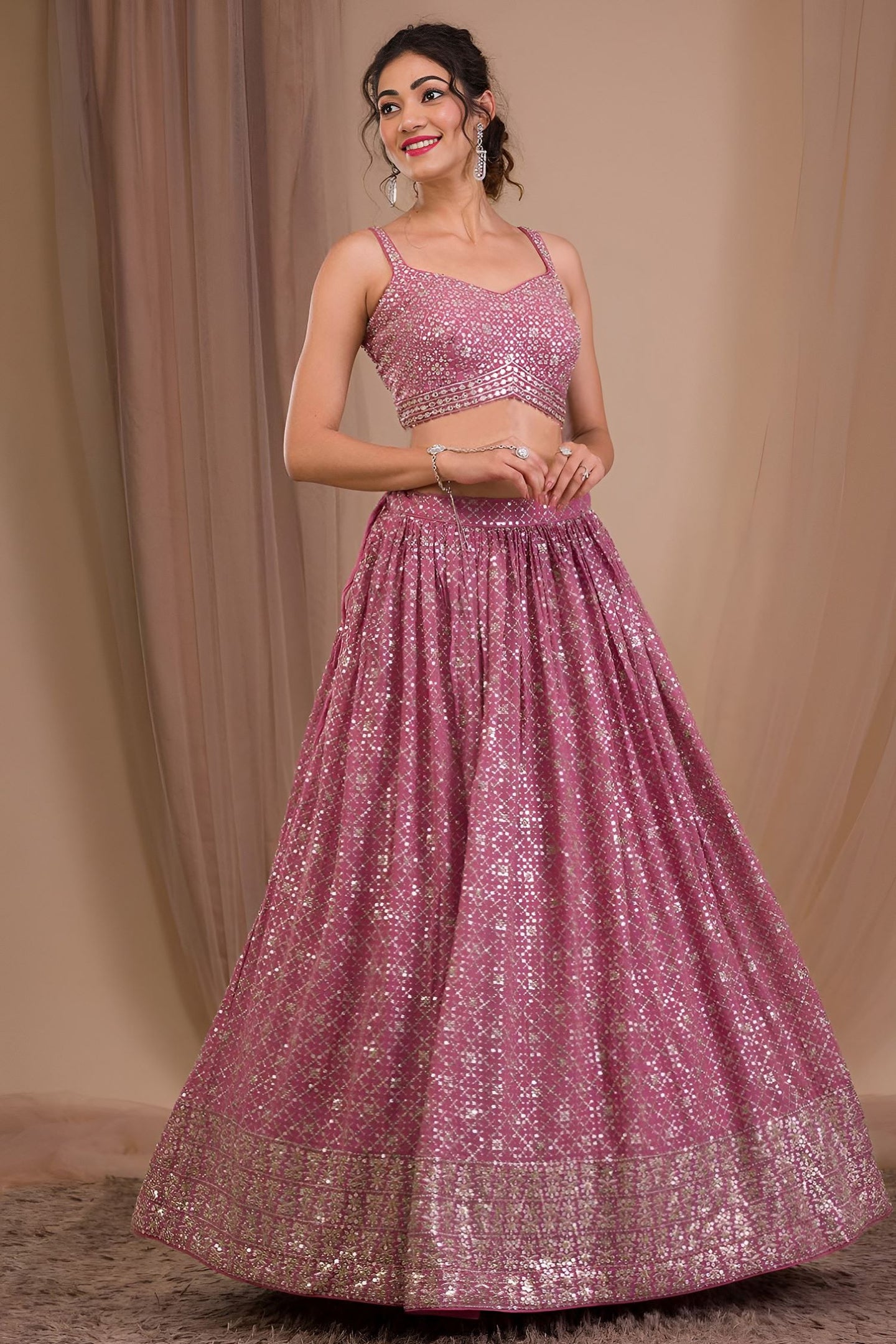 Dark Pink Georgette Sangeet Lehenga Choli with Zari and Sequins Work
