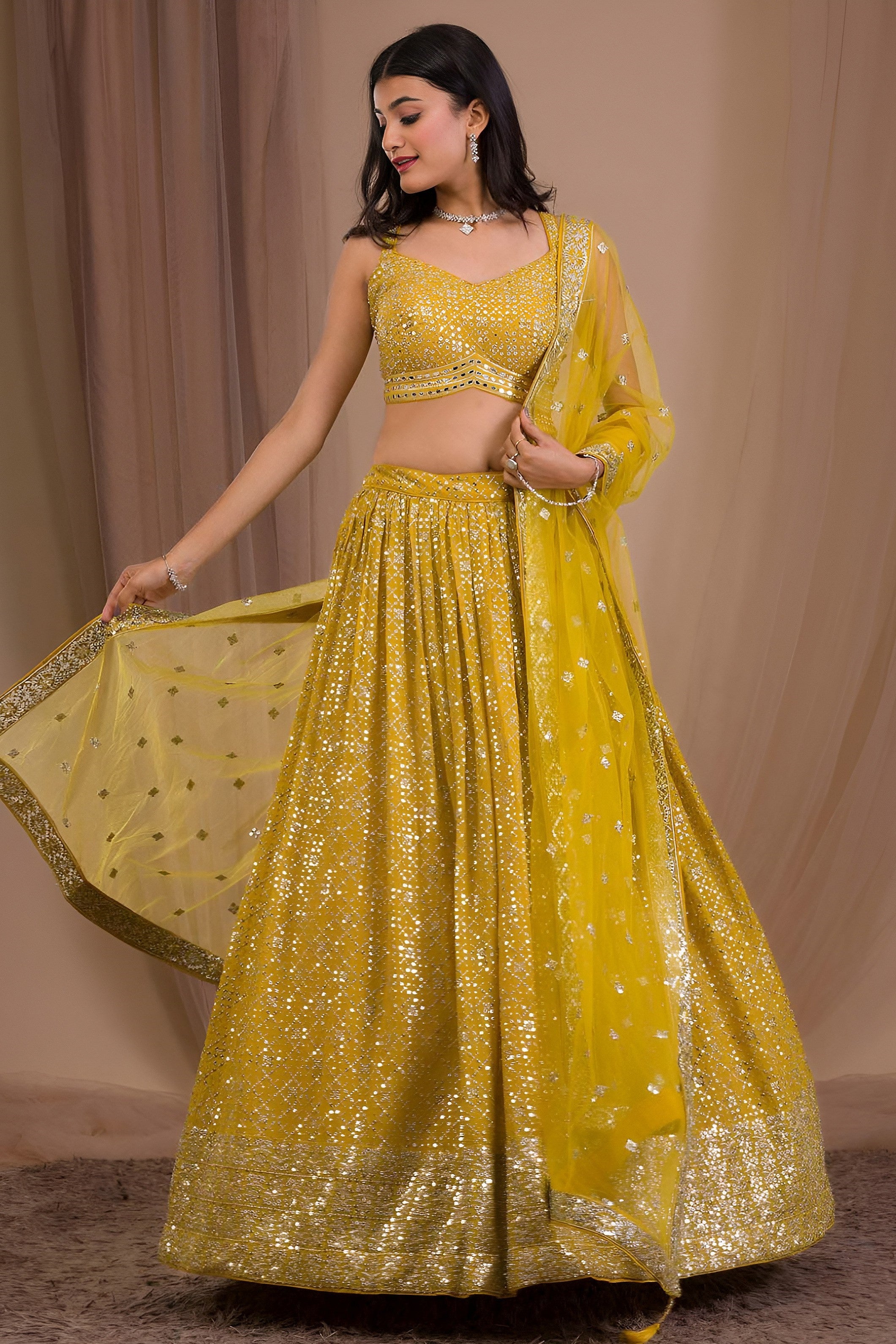 Yellow Georgette Lehenga Choli for Haldi with Zari and Sequins Work