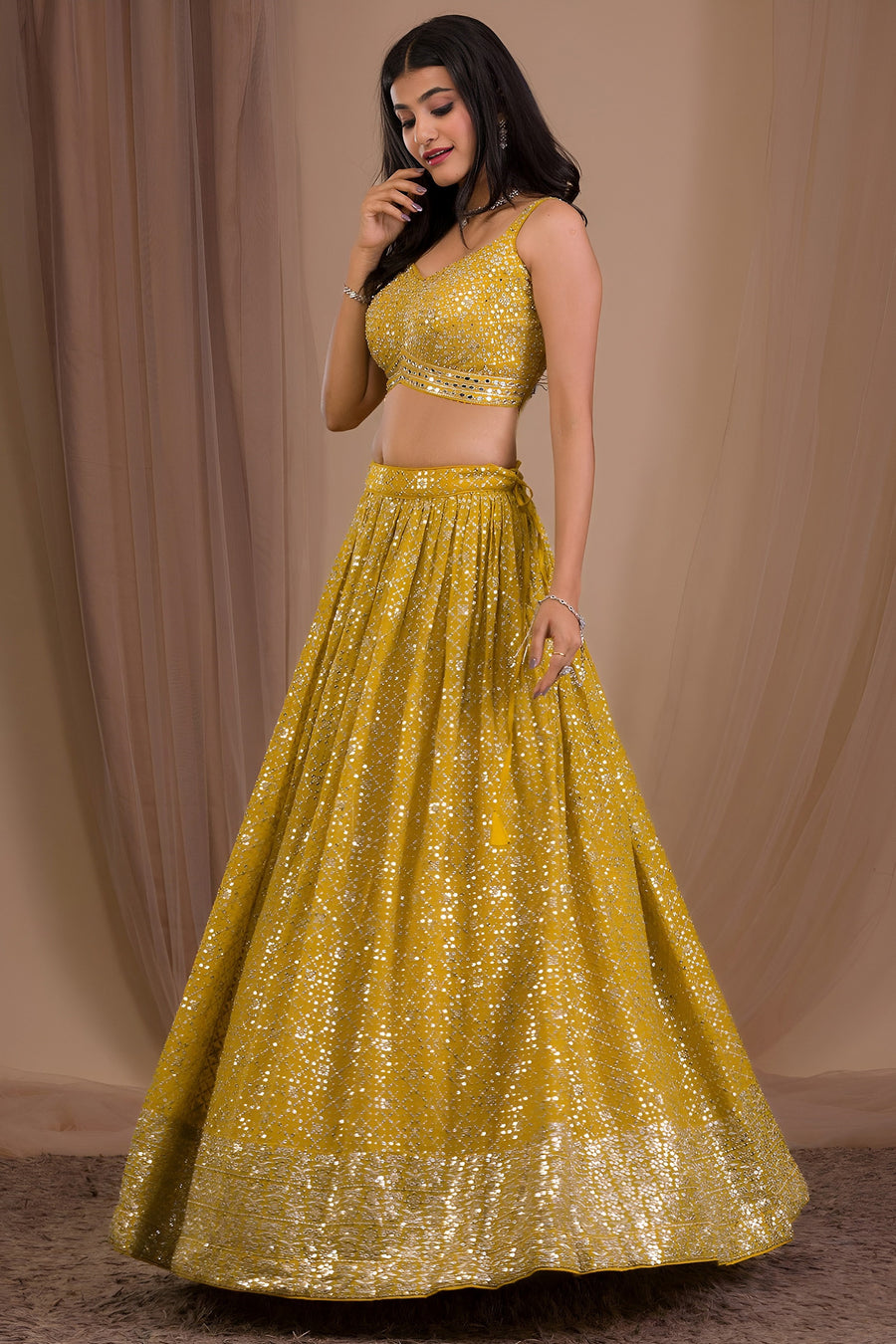 Yellow Georgette Lehenga Choli for Haldi with Zari and Sequins Work