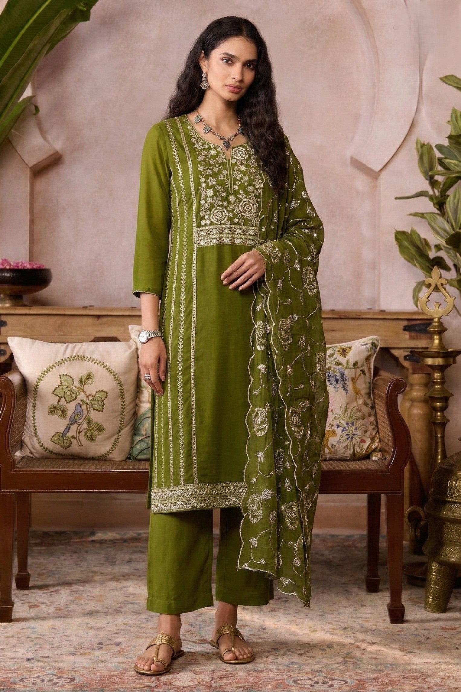 Mehendi Outfits for Guests - Olive Green Organza Embroidered Kameez with Pant