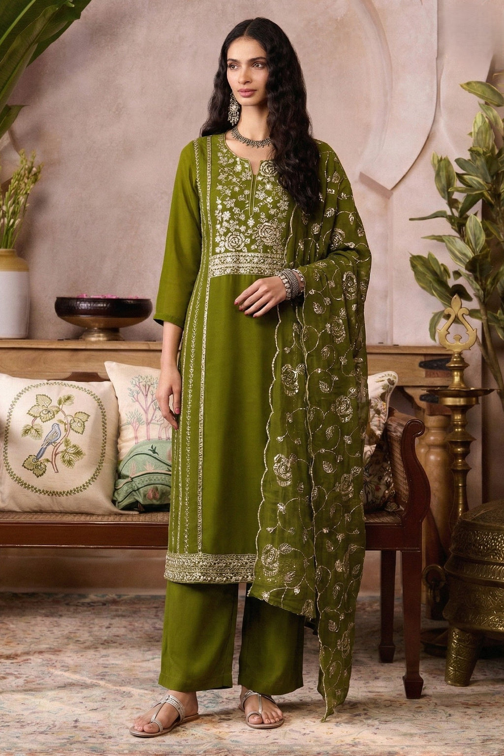 Mehendi Outfits for Guests - Olive Green Organza Embroidered Kameez with Pant