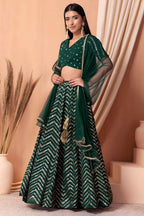 Green Georgette V Neck Lehenga Choli with Zari and Sequins Embroidery
