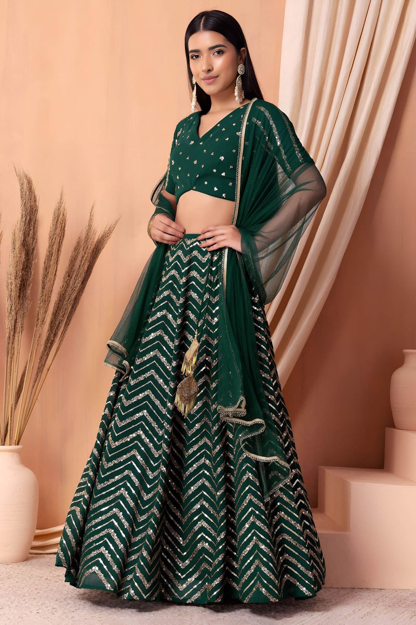 Green Georgette V Neck Lehenga Choli with Zari and Sequins Embroidery