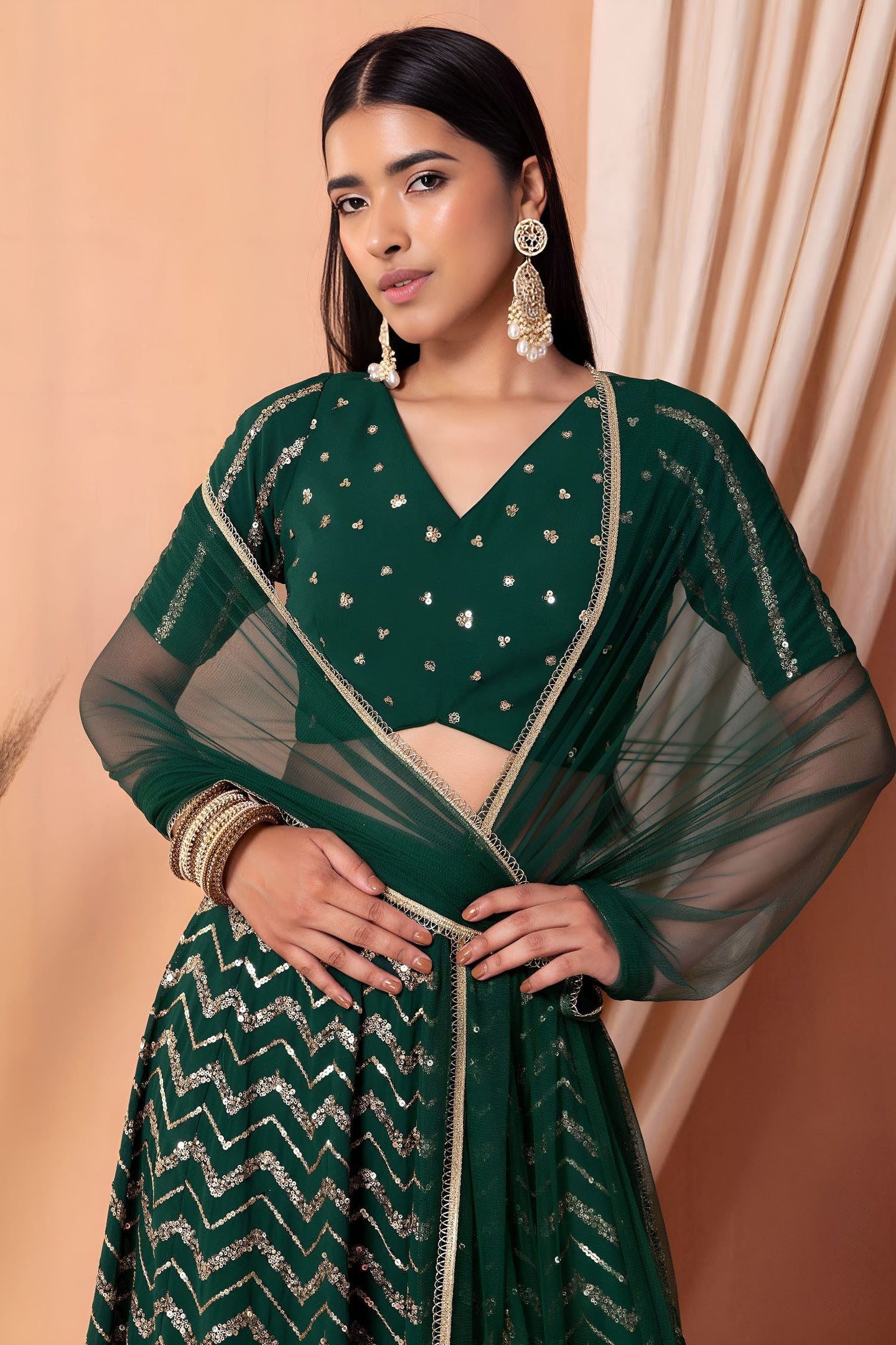 Green Georgette V Neck Lehenga Choli with Zari and Sequins Embroidery