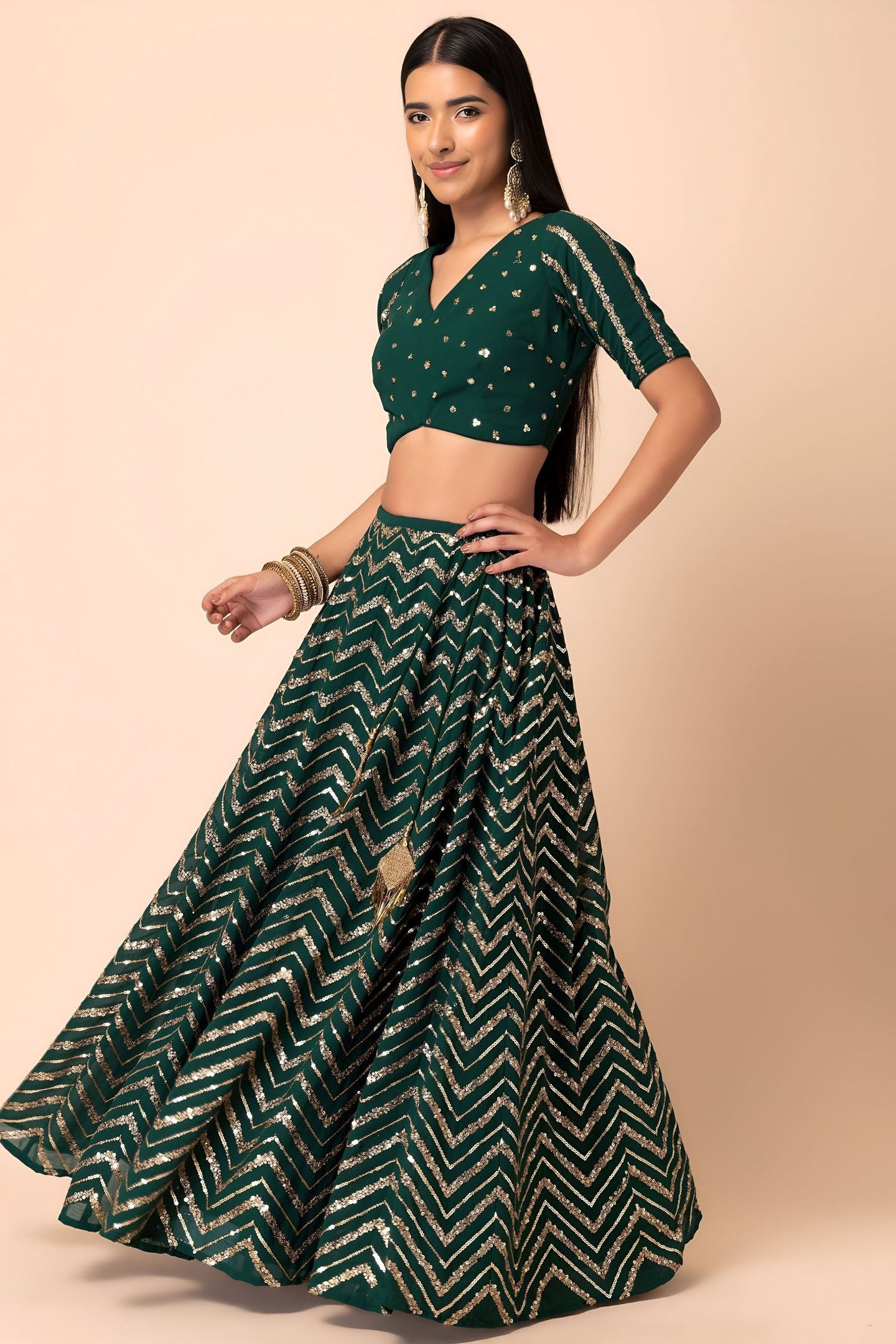 Green Georgette V Neck Lehenga Choli with Zari and Sequins Embroidery