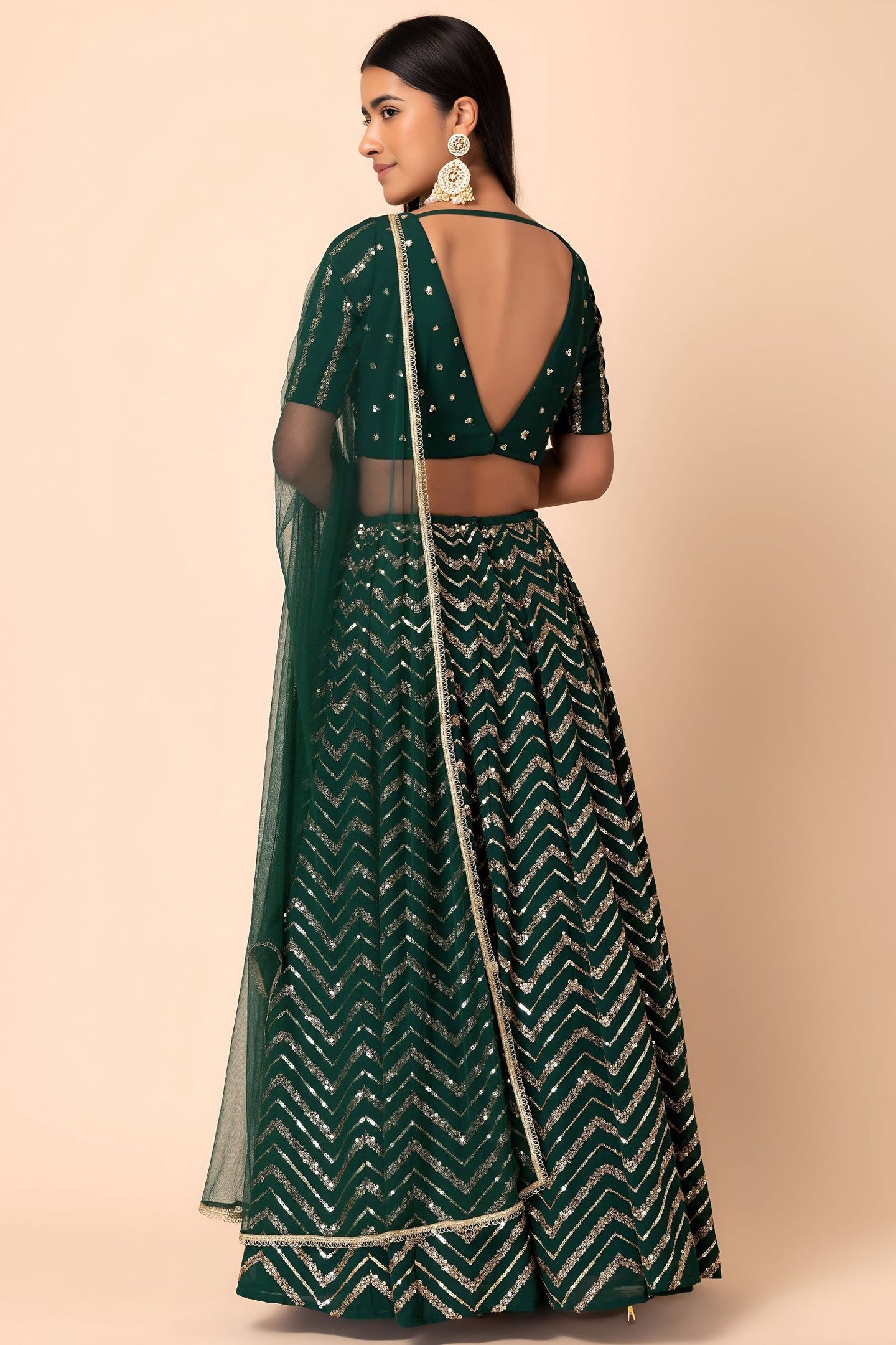 Green Georgette V Neck Lehenga Choli with Zari and Sequins Embroidery