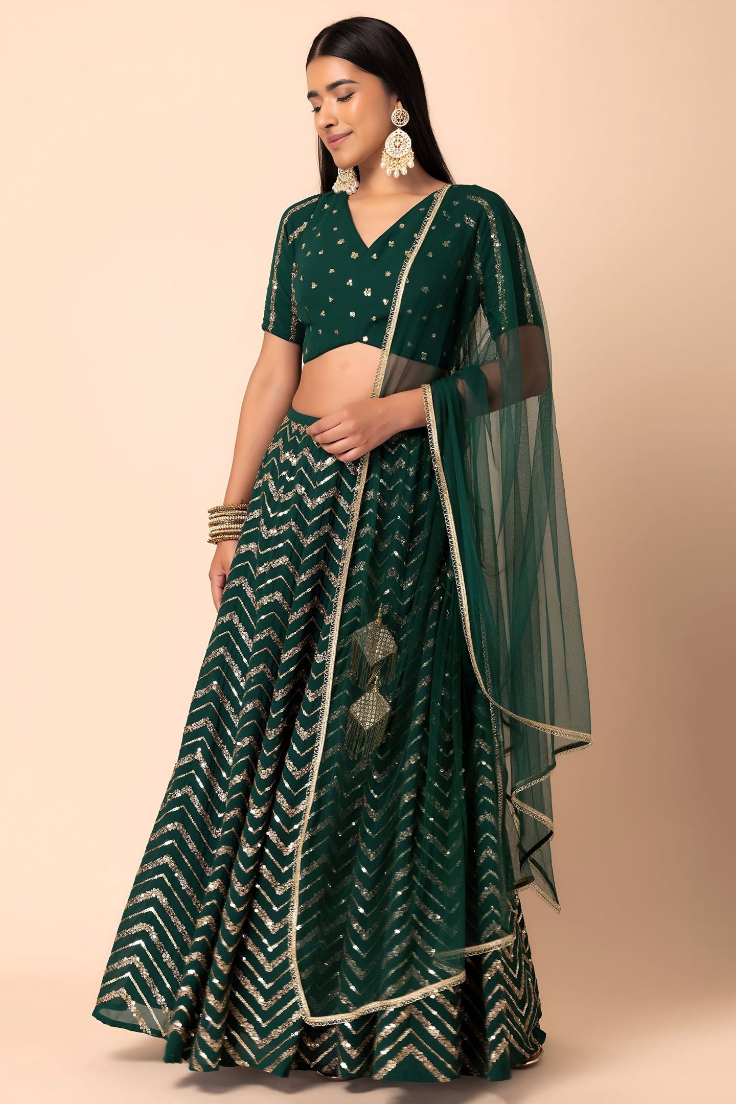 Green Georgette V Neck Lehenga Choli with Zari and Sequins Embroidery