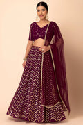 Maroon Georgette V Neck Lehenga Choli with Zari and Sequins Embroidery