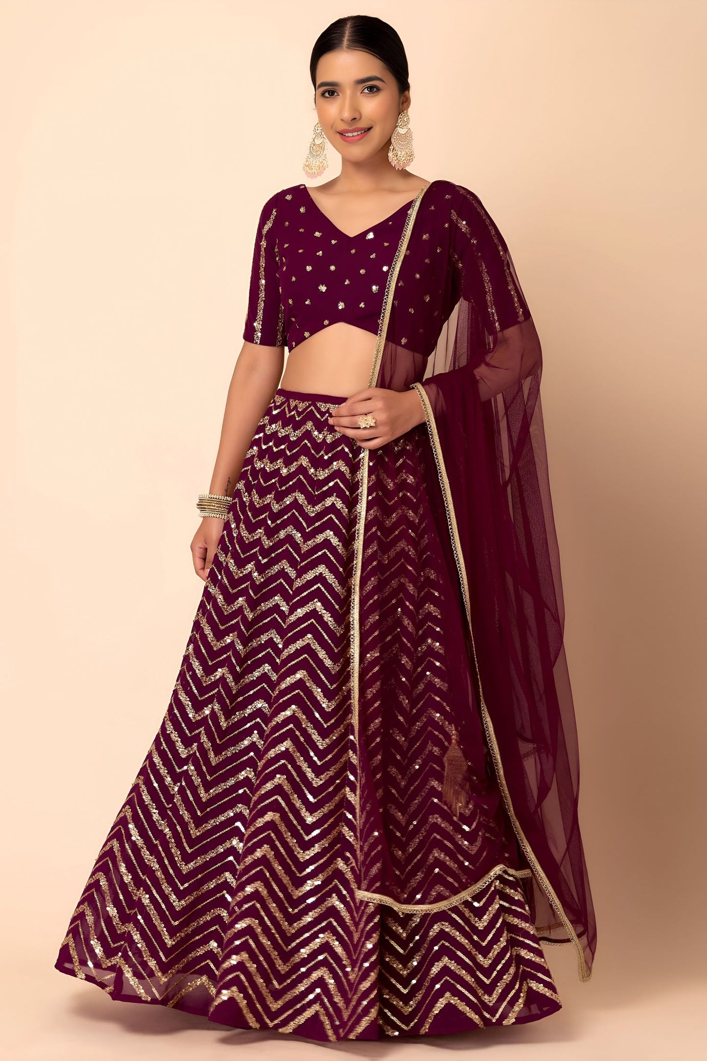 Maroon Georgette V Neck Lehenga Choli with Zari and Sequins Embroidery