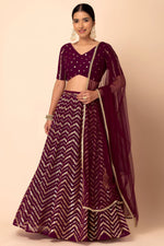 Maroon Georgette V Neck Lehenga Choli with Zari & Sequins Embroidery