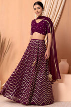Maroon Georgette V Neck Lehenga Choli with Zari and Sequins Embroidery