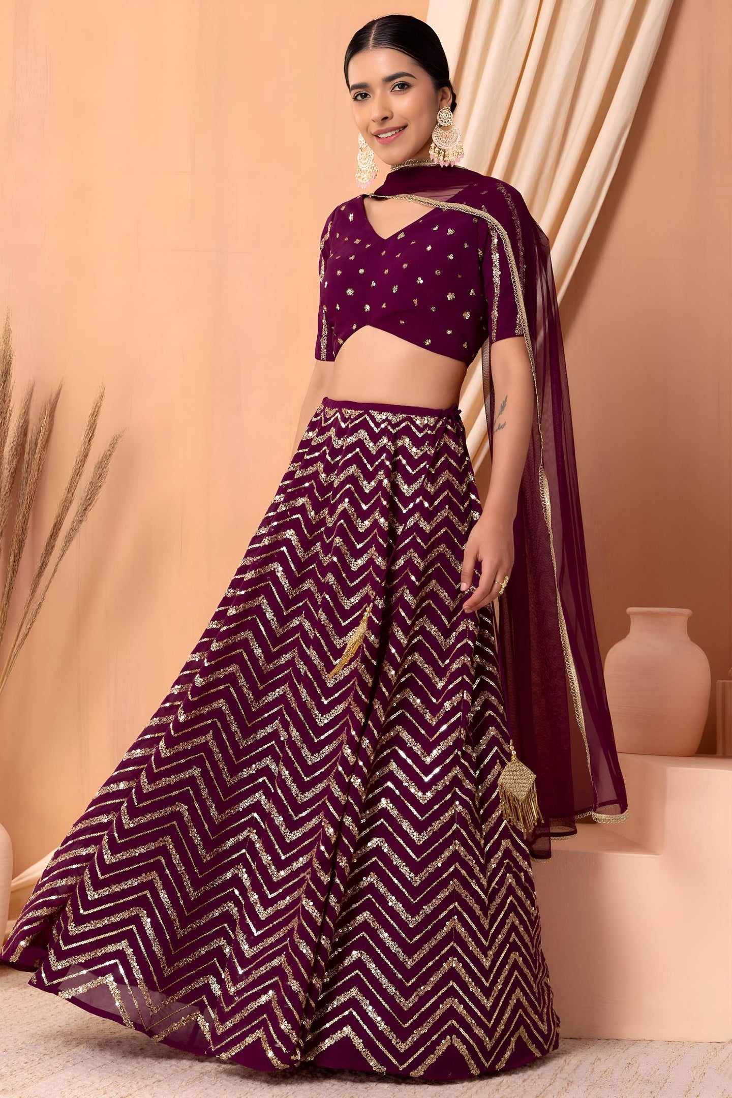 Maroon Georgette V Neck Lehenga Choli with Zari and Sequins Embroidery