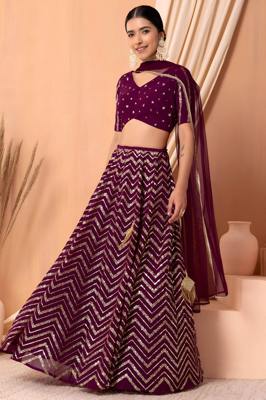 Maroon Georgette V Neck Lehenga Choli with Zari and Sequins Embroidery