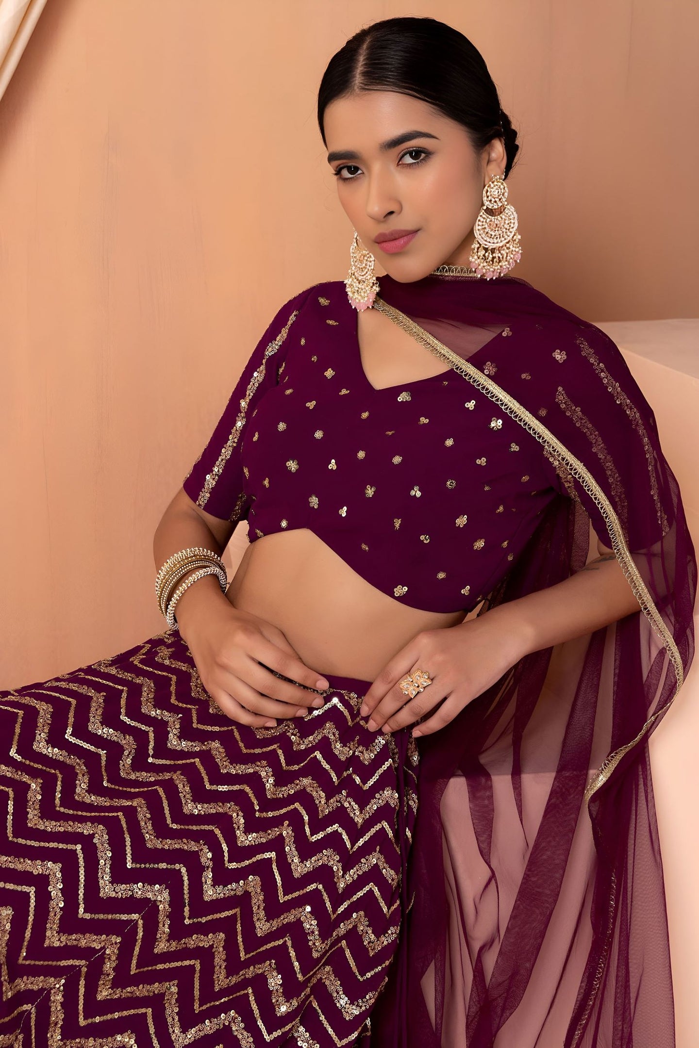 Maroon Georgette V Neck Lehenga Choli with Zari and Sequins Embroidery