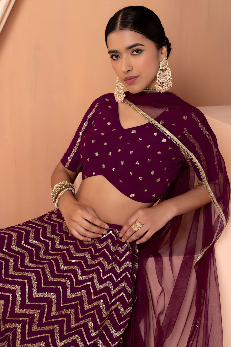 Maroon Georgette V Neck Lehenga Choli with Zari and Sequins Embroidery