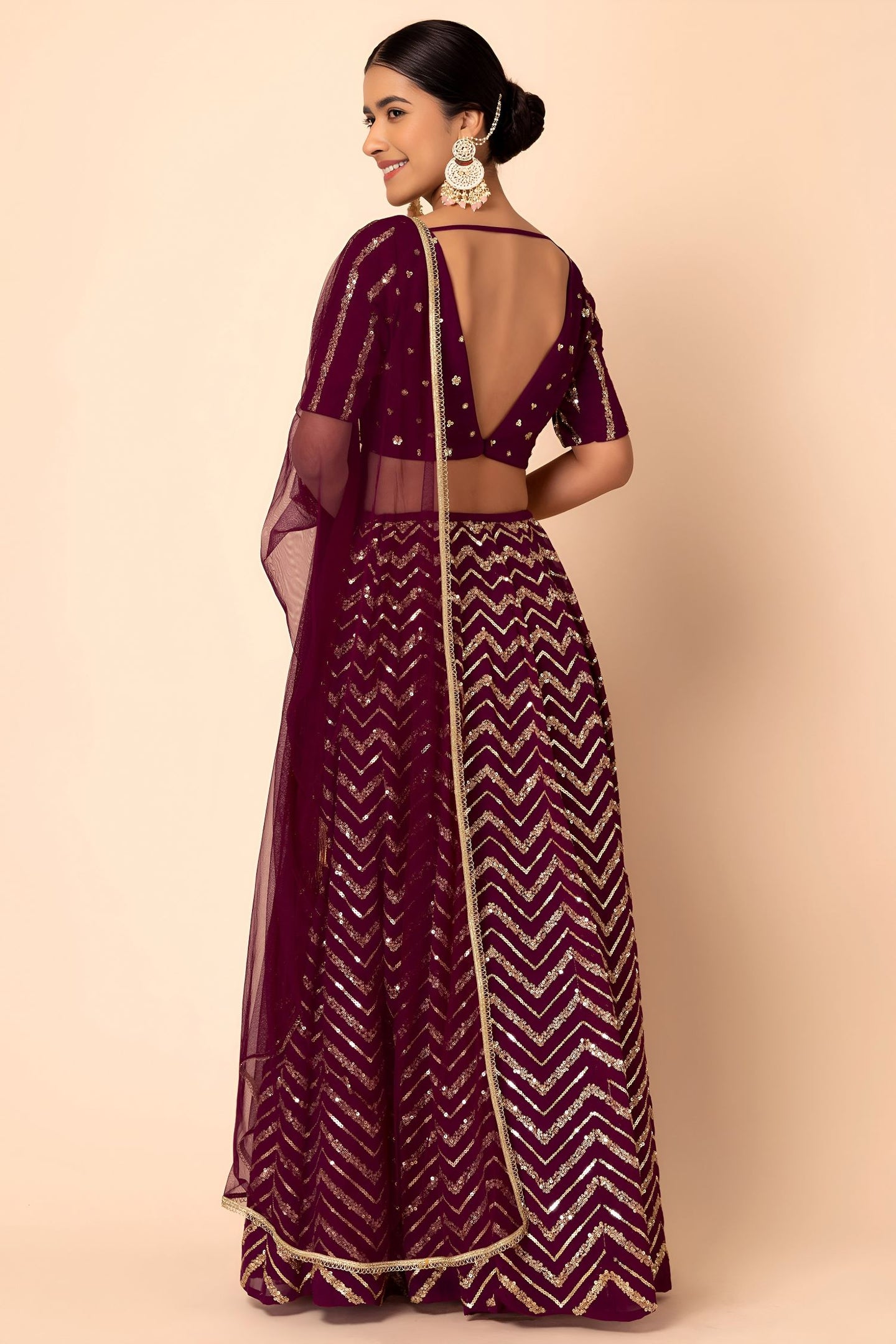 Maroon Georgette V Neck Lehenga Choli with Zari and Sequins Embroidery