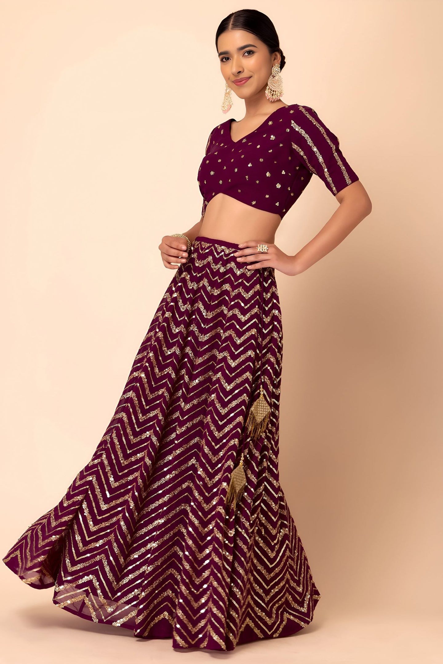 Maroon Georgette V Neck Lehenga Choli with Zari and Sequins Embroidery
