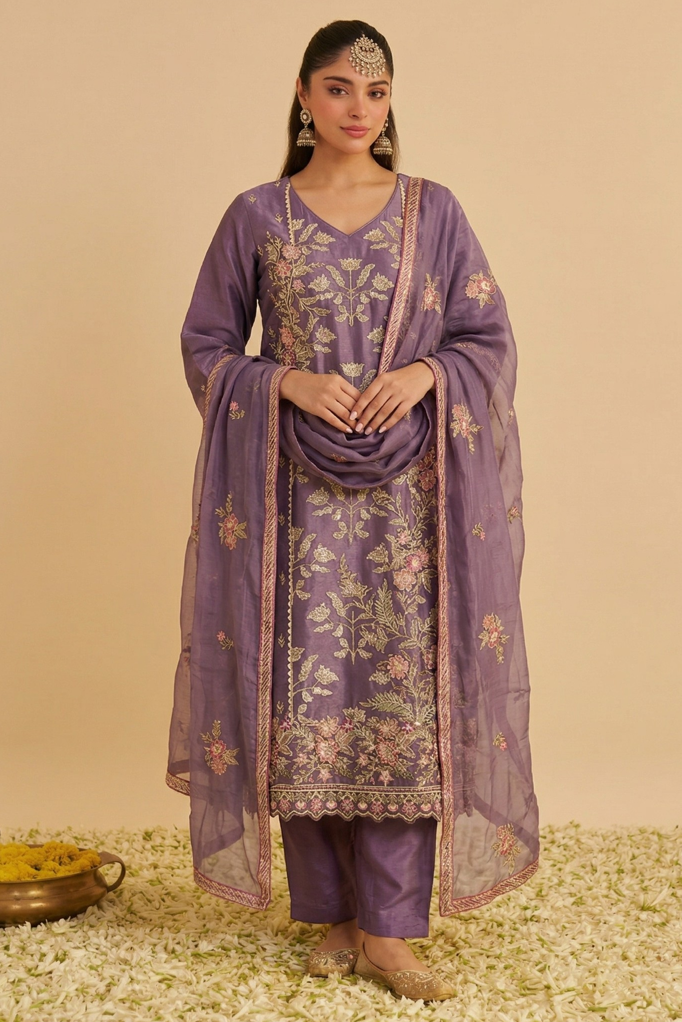 Purple Shimmer Silk Women's Straight Pant Suit with Embroidery Work