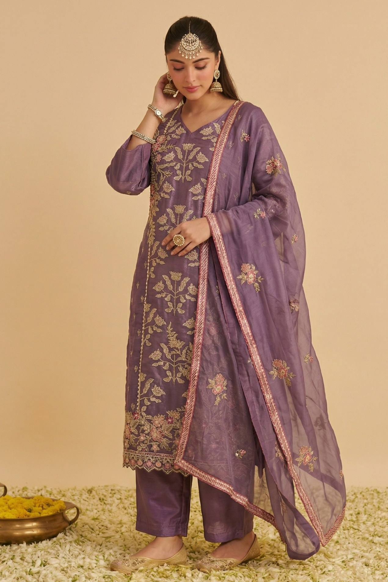 Purple Shimmer Silk Women's Straight Pant Suit with Embroidery Work