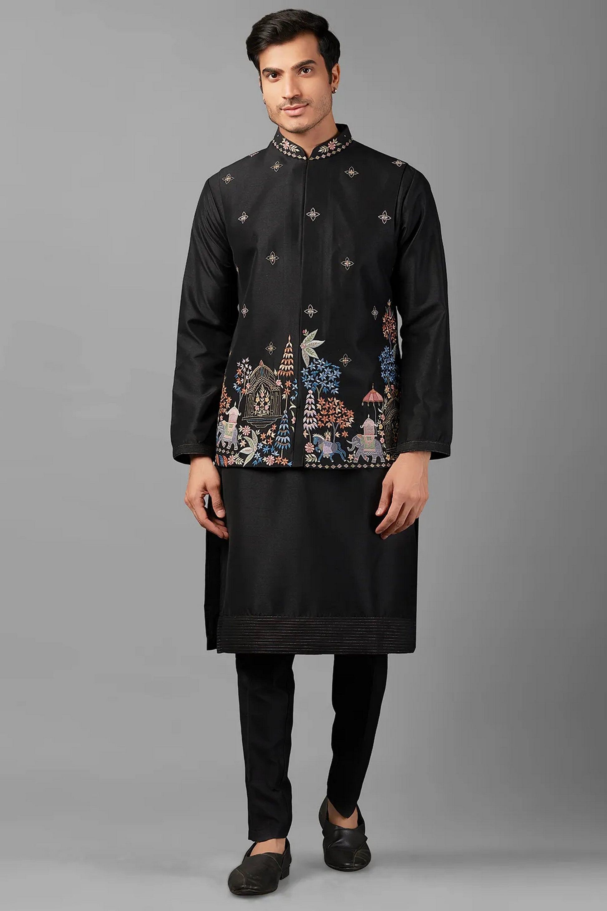 Black Polyester Silk Men's Wedding Suit Waistcoat, Kurta with Pant - Embroidery Work