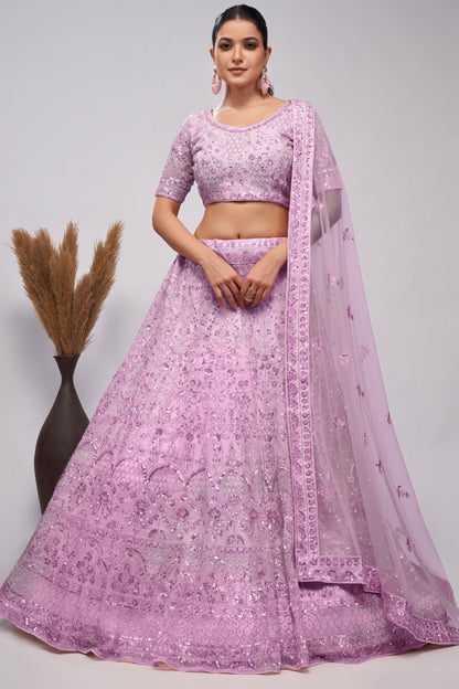 Purple Soft Net Lehenga Choli For Indian Festivals & Weddings - Sequins Work, Bead Work