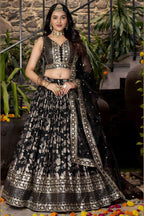 Black Jacquard Silk Lehenga Choli For Indian & Pakistani Wedding Festival - Sequence Embroidery Work, Zari Work