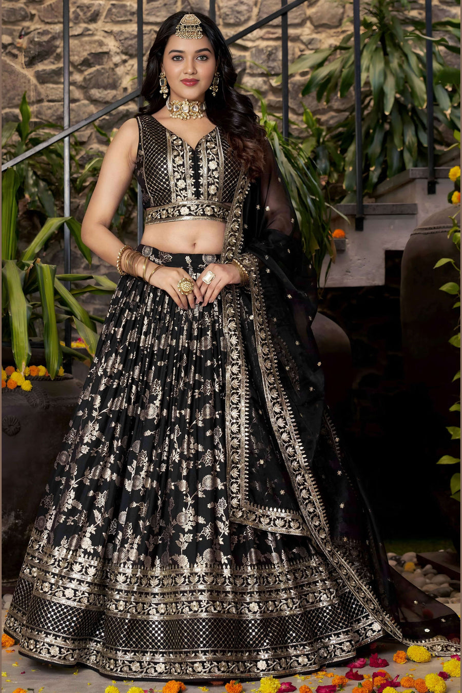 Black Jacquard Silk Lehenga Choli For Indian & Pakistani Wedding Festival - Sequence Embroidery Work, Zari Work