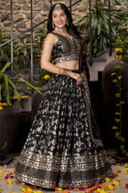 Black Jacquard Silk Lehenga Choli For Indian & Pakistani Wedding Festival - Sequence Embroidery Work, Zari Work