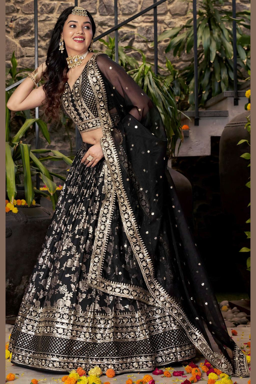 Black Jacquard Silk Lehenga Choli For Indian & Pakistani Wedding Festival - Sequence Embroidery Work, Zari Work