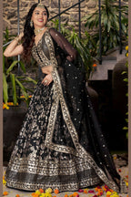 Black Jacquard Silk Lehenga Choli For Indian & Pakistani Wedding Festival - Sequence Embroidery Work, Zari Work