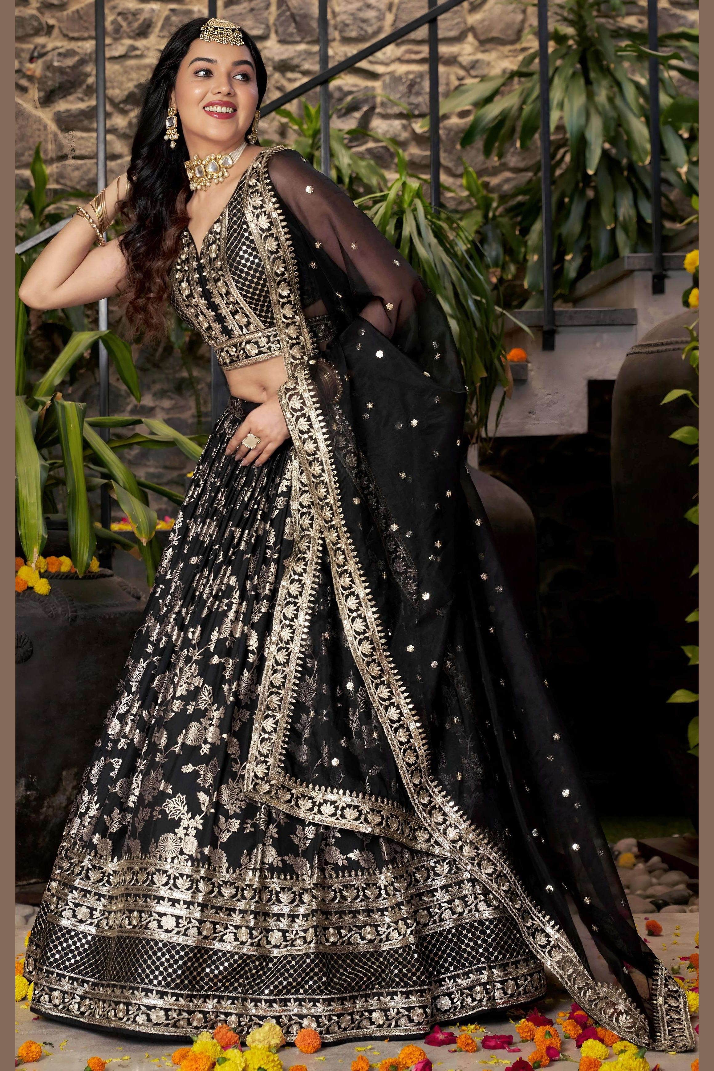 Black Jacquard Silk Lehenga Choli For Indian & Pakistani Wedding Festival - Sequence Embroidery Work, Zari Work