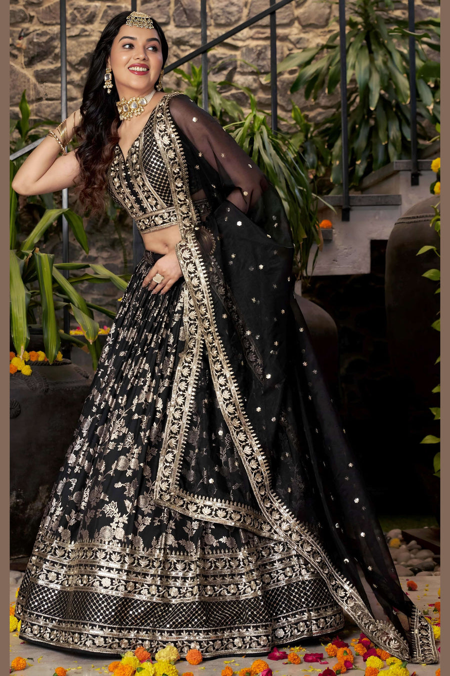 Black Jacquard Silk Lehenga Choli For Indian & Pakistani Wedding Festival - Sequence Embroidery Work, Zari Work