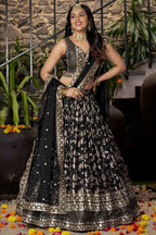 Black Jacquard Silk Lehenga Choli For Indian & Pakistani Wedding Festival - Sequence Embroidery Work, Zari Work